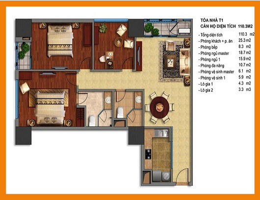 thiết kế căn 3 phòng ngủ diện tích 110m tòa t1 times city