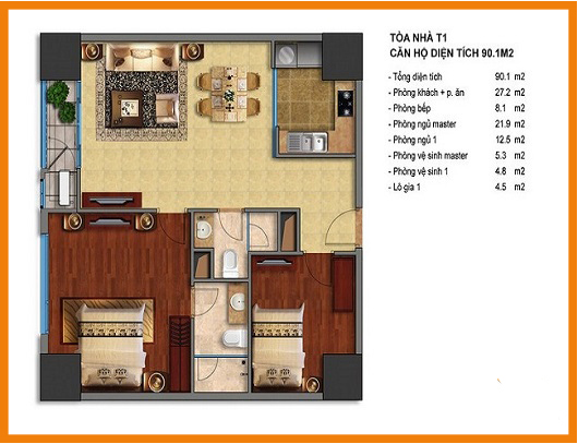 thiết kế căn 2 phòng ngủ diện tích 90m tòa t1 times city