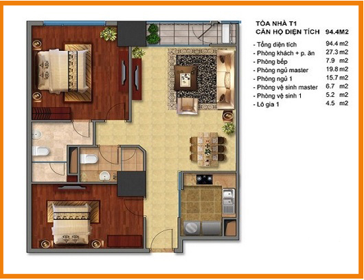 thiết kế căn hộ 2 pn diện tích 94m tòa t1 times city